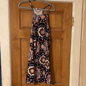 French Grey Floral Midi Dress - Navy and Peach